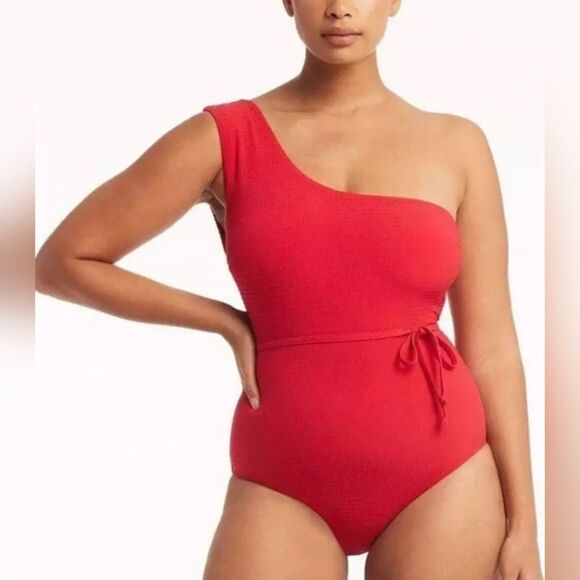 Sea Level Swim Messina One-Shoulder Tie Waist One-Piece Swimsuit NWOT sz 12 Red - Picture 1 of 5